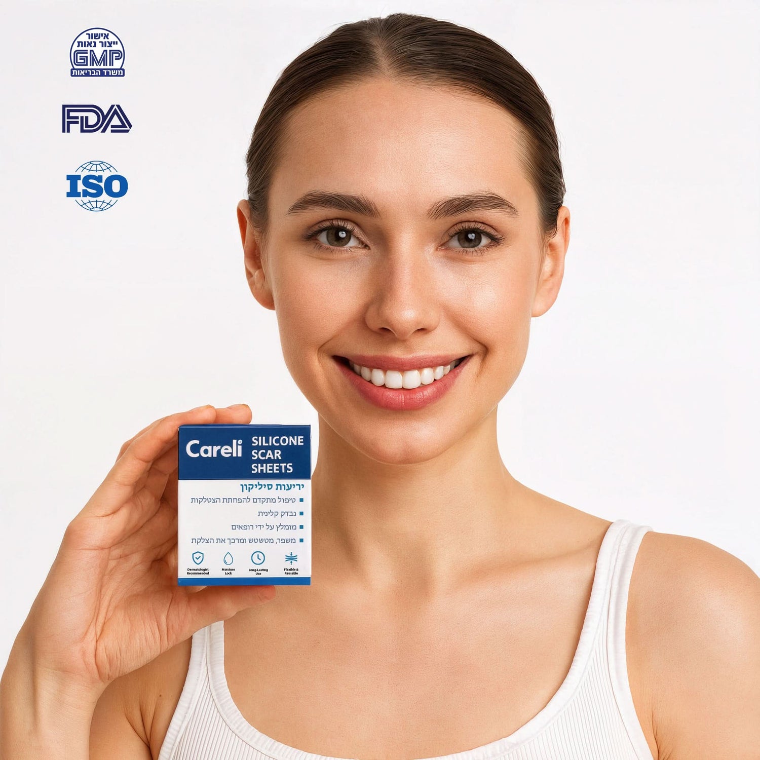Careli silicone sheets for scar treatment displayed on a model's skin, showcasing their smooth texture and flexibility.